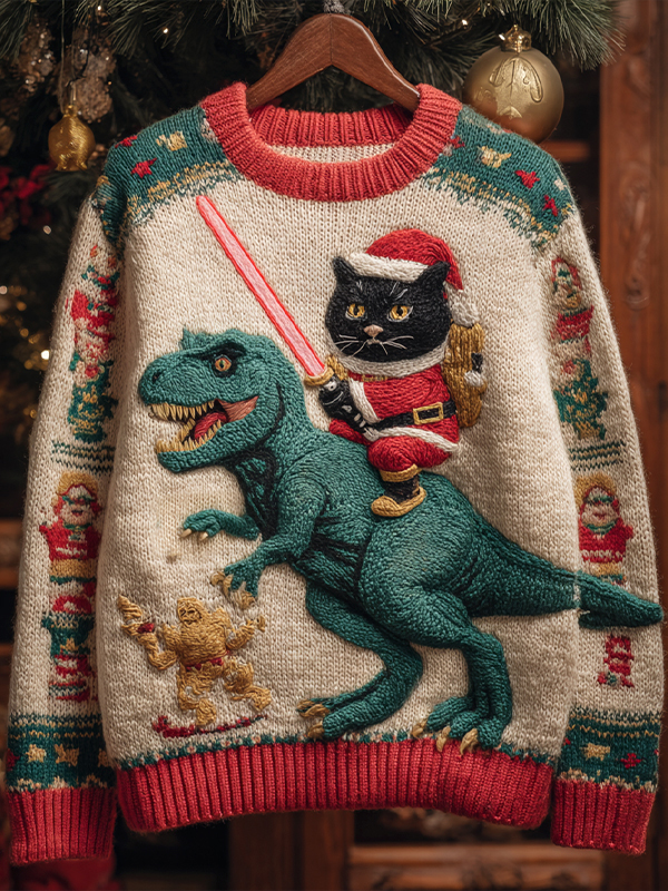 Men's Black Cat Riding A Dinosaur And Holding A Lightsaber Print Knit Sweatshirt