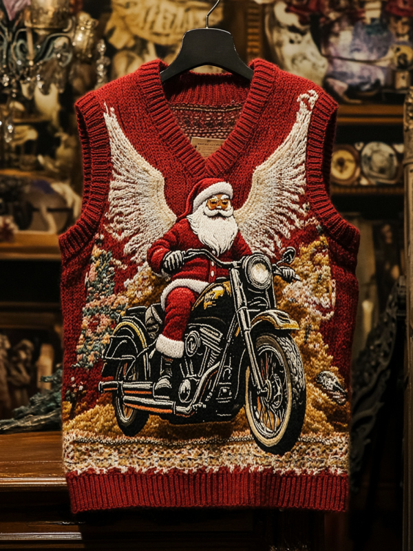 Men's Santa Claus With Wings Riding A Motorcycle Print V Neck Knit Vest