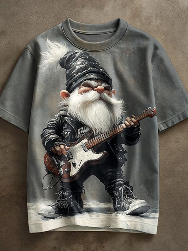 Men's Punk Rock Gnome Playing Electric Guitar Print Casual T-Shirt