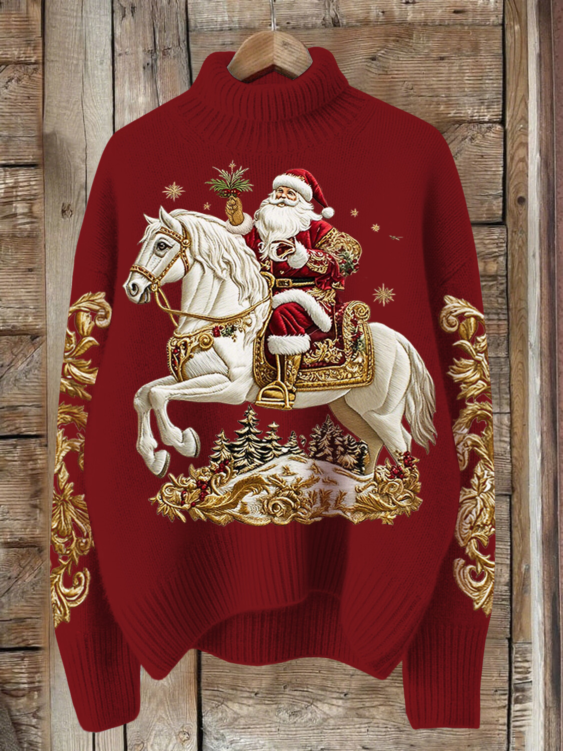 Women's Christmas Santa Horse Relief Embroidered Print High Neck Knit Sweatshirt
