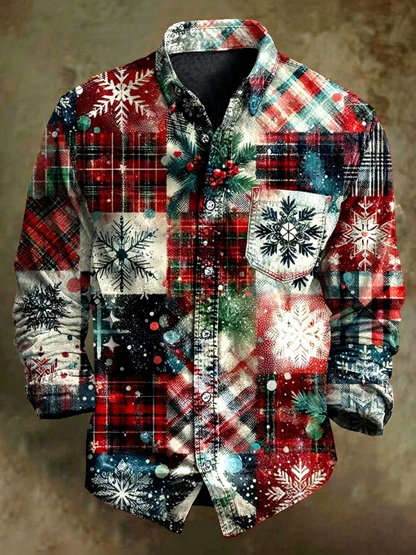 Men's Christmas Snowflakes And Plaid Art Print Long Sleeve Pocket Shirt