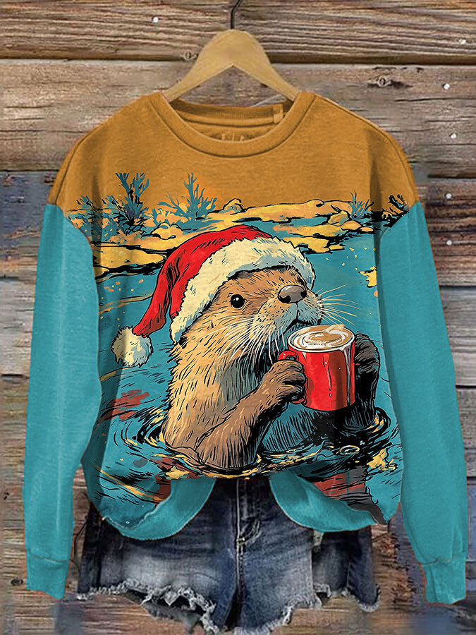 Women's Christmas Otter Drinking Coffee Art Print Casual Sweatshirt