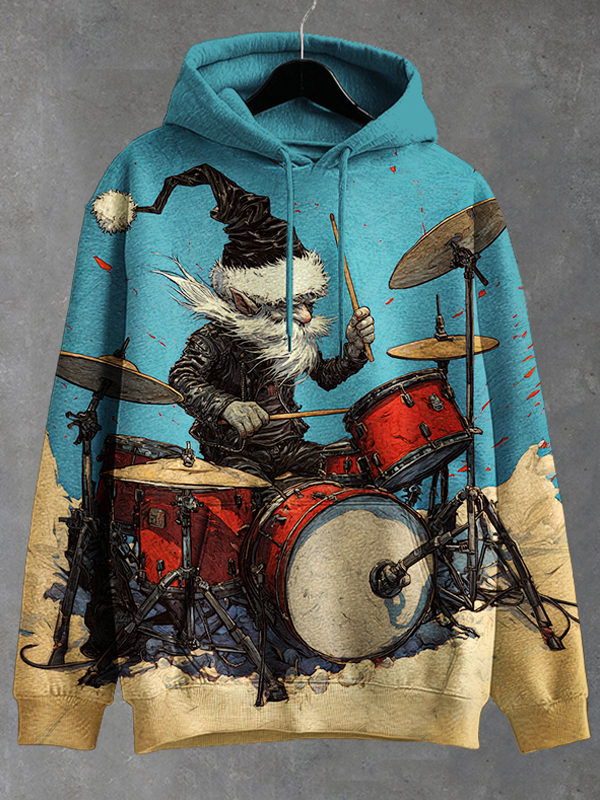Men's Punk Rock Gnome Playing the Drum Art Print Casual Hoodie