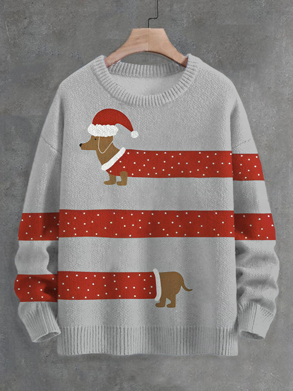 Men's Funny Dachshund With Christmas Suit Art Print Knit Sweatshirt