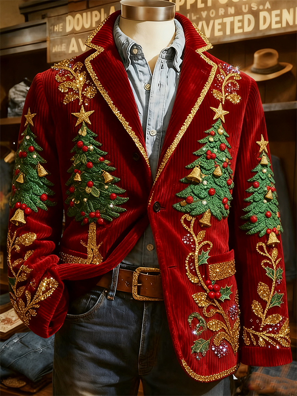 Men'S Retro Christmas Tree Art Print Corduroy Blazer