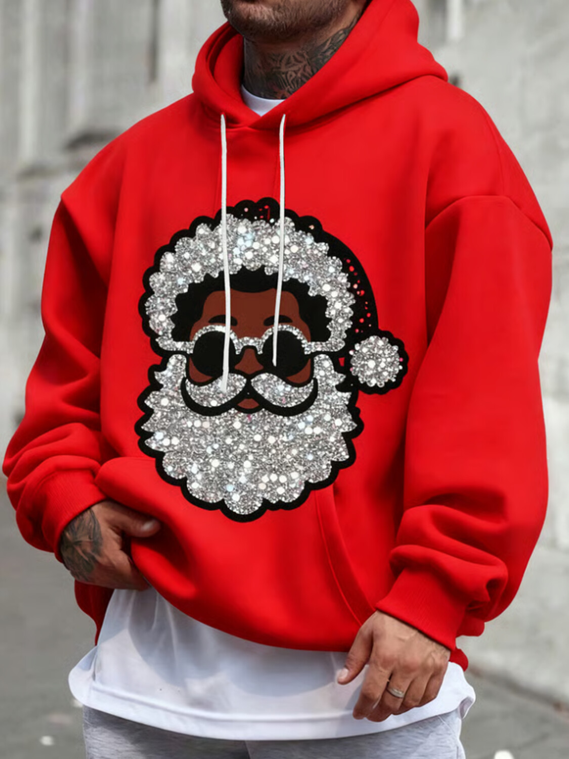 Men's Christmas Glitter Diamond Black Santa Print Casual Hoodie