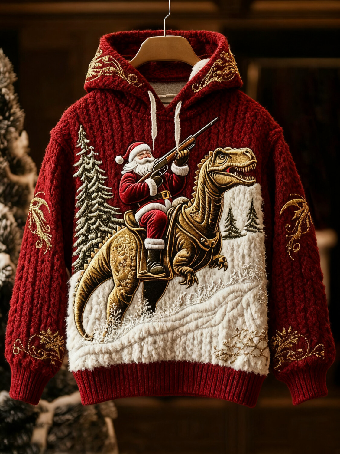 Women's Christmas Santa And Dinosaur Relief Embroidered Print Knit  Hooded Sweatshirt