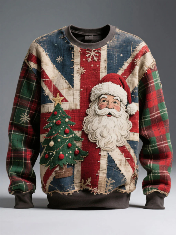 Men's U.K. Flag Santa Claus And Christmas Tree Art Print Casual Sweatshirt