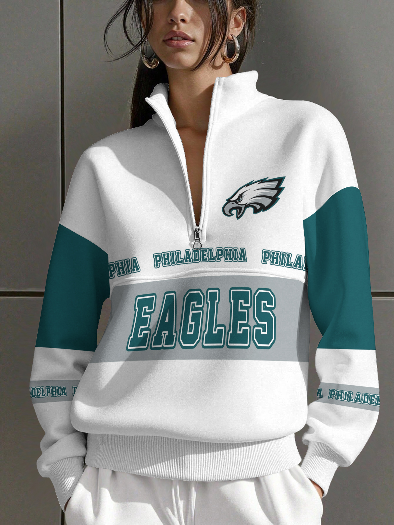 Philadelphia Eagles  Women Plain Color Zip Up Long Sleeve Sweatshirt