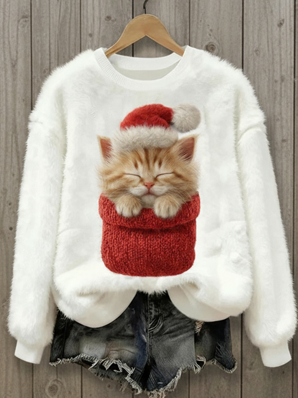 Women's Cat With A Santa Hat Art Print Casual Sweatshirt