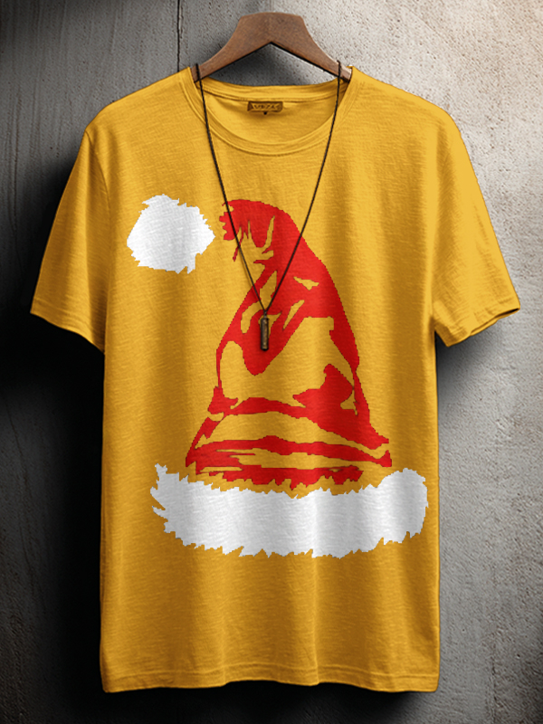 Men's Mysterious Santa Hat Print Cotton Casual T-Shirt