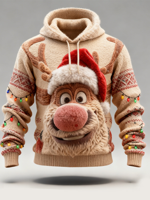 Men's Reindeer in Santa Hat Print Knit Hoodie