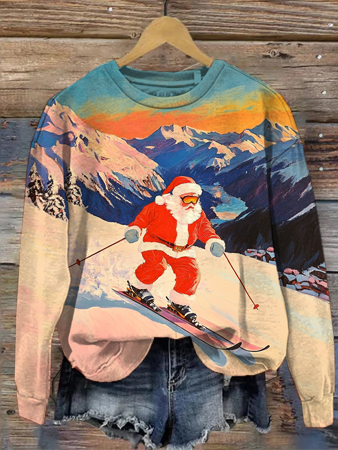 Women's Sunset Santa Skiing Art Print Casual Sweatshirt