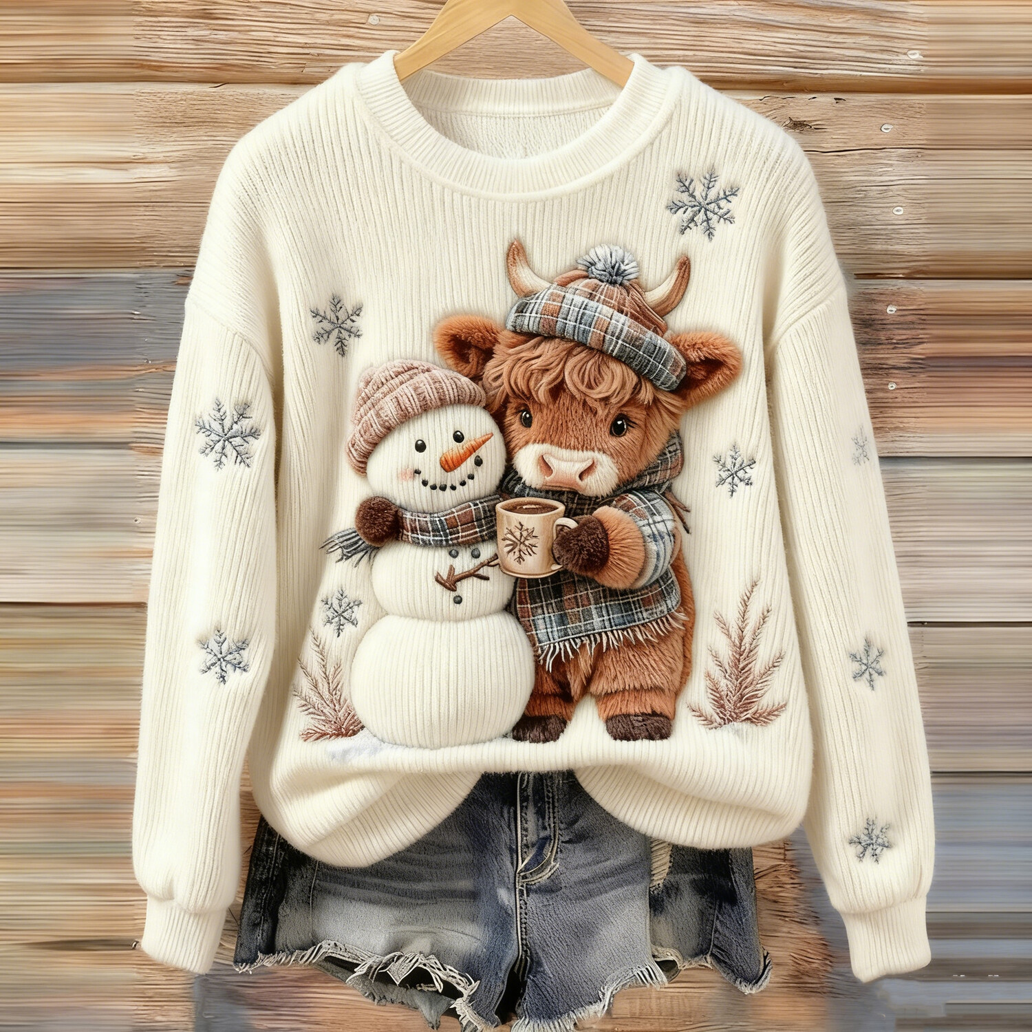 Women's Christmas Snowflakes Snowman Cattle Print Knit Sweatshirt