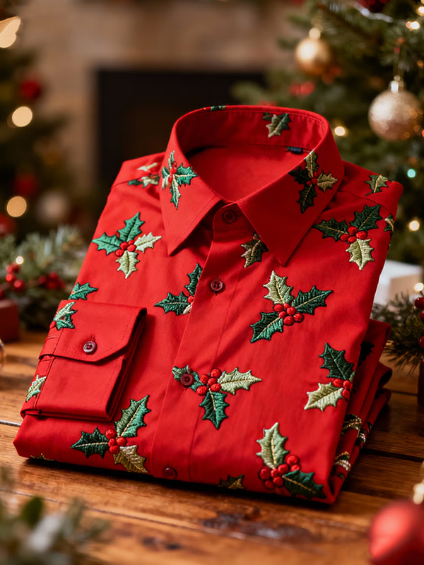 Men's Christmas Holly Leaves Art Print Long Sleeve Shirt