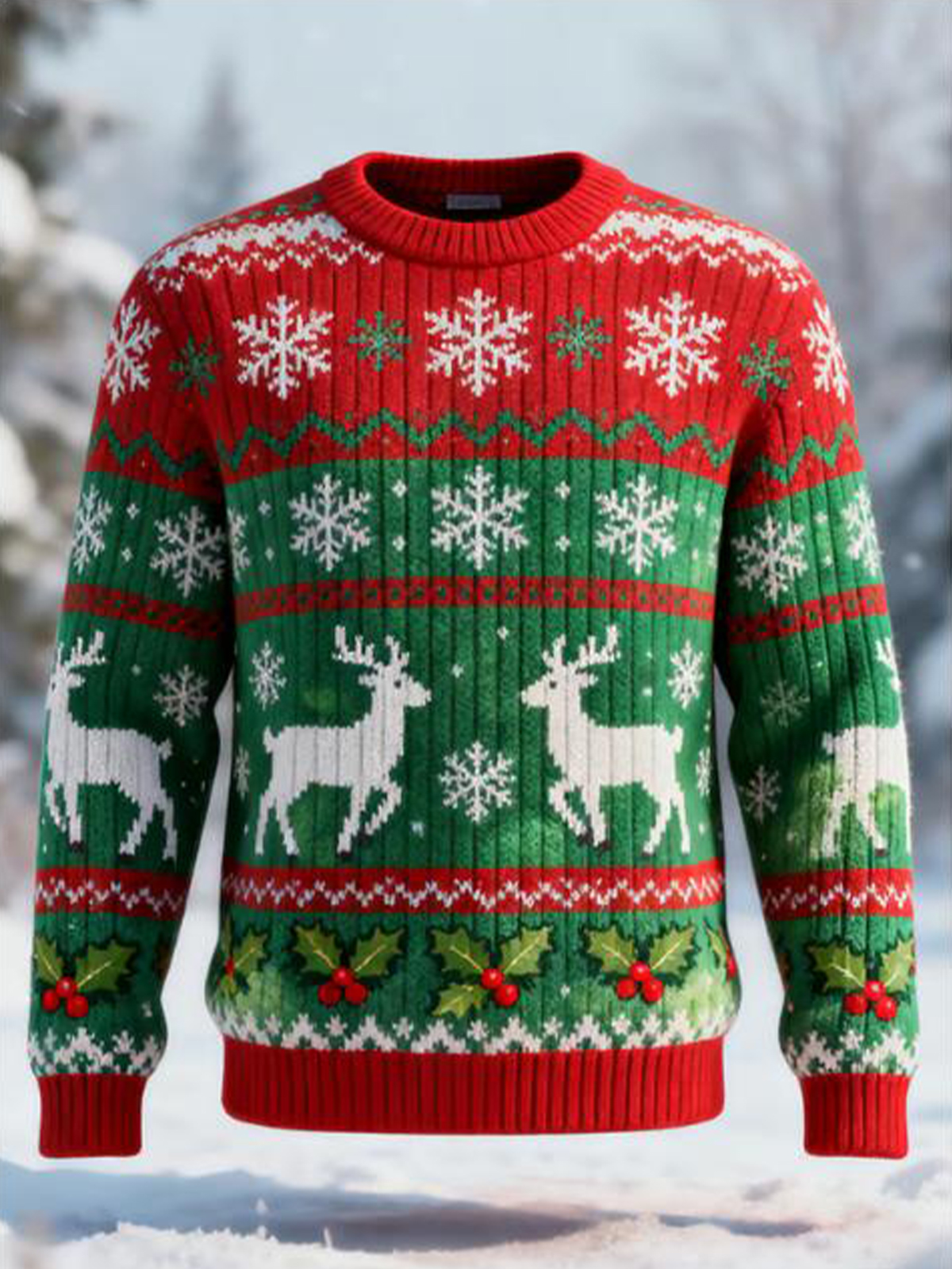 Men's Contrasting Ugly Christmas Holly Reindeer Snowflake Patterns Print Knit Sweatshirt