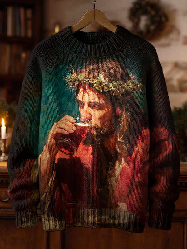 Men's Christmas Jesus And Red Wine Print Knit Sweatshirt