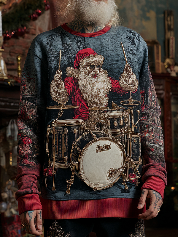 Men's Mysterious Santa Claus Drummer Print Casual Sweatshirt