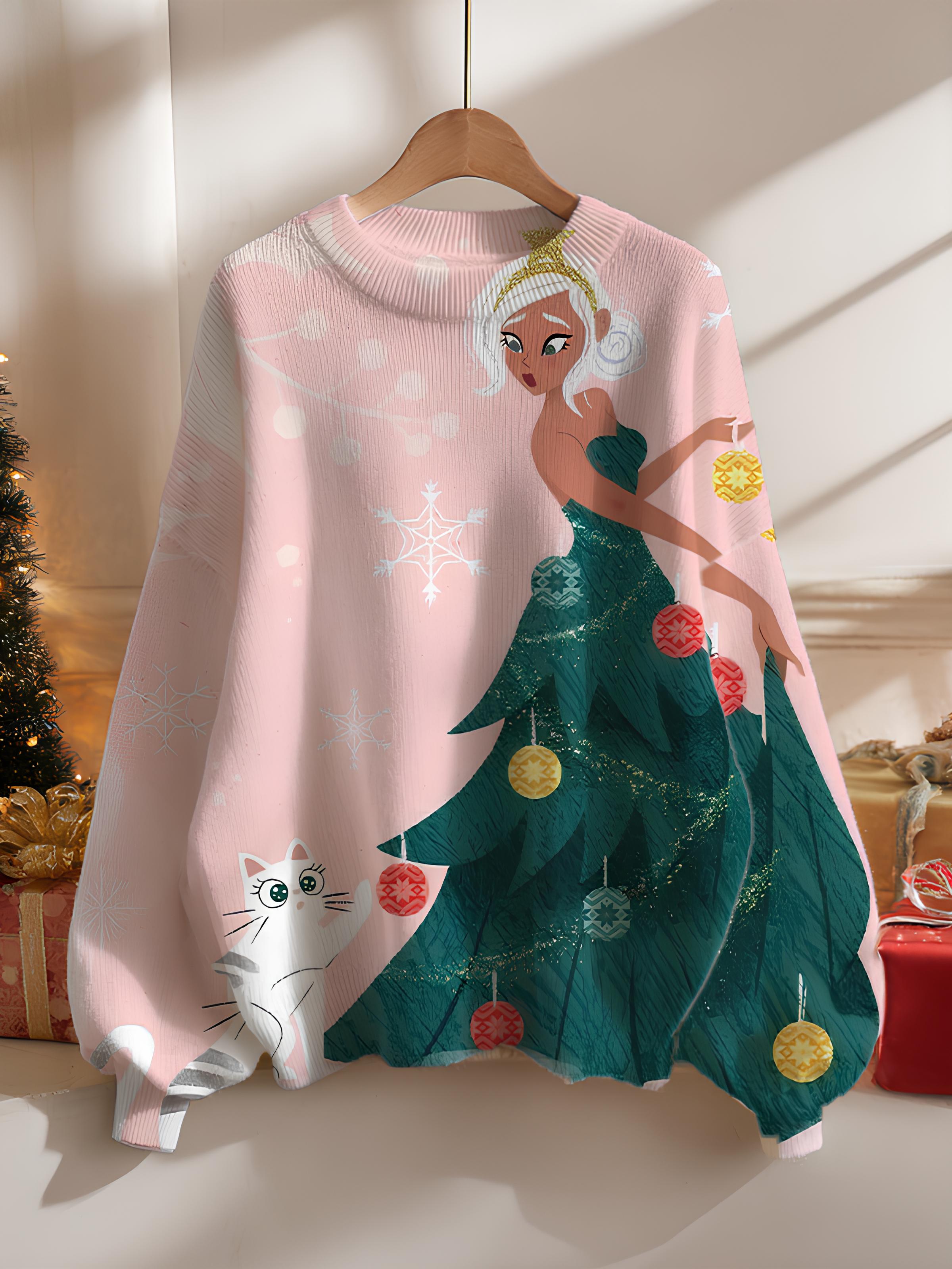 Women's Cartoon Woman in Christmas Tree Dress Cat Snowflake Print Knit Sweatshirt