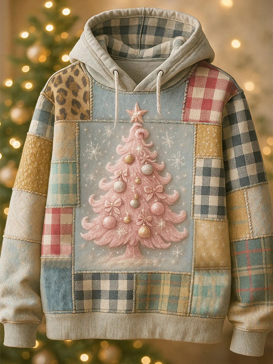 Women's Patchwork Plaid Christmas Tree Art Print Casual Hoodie