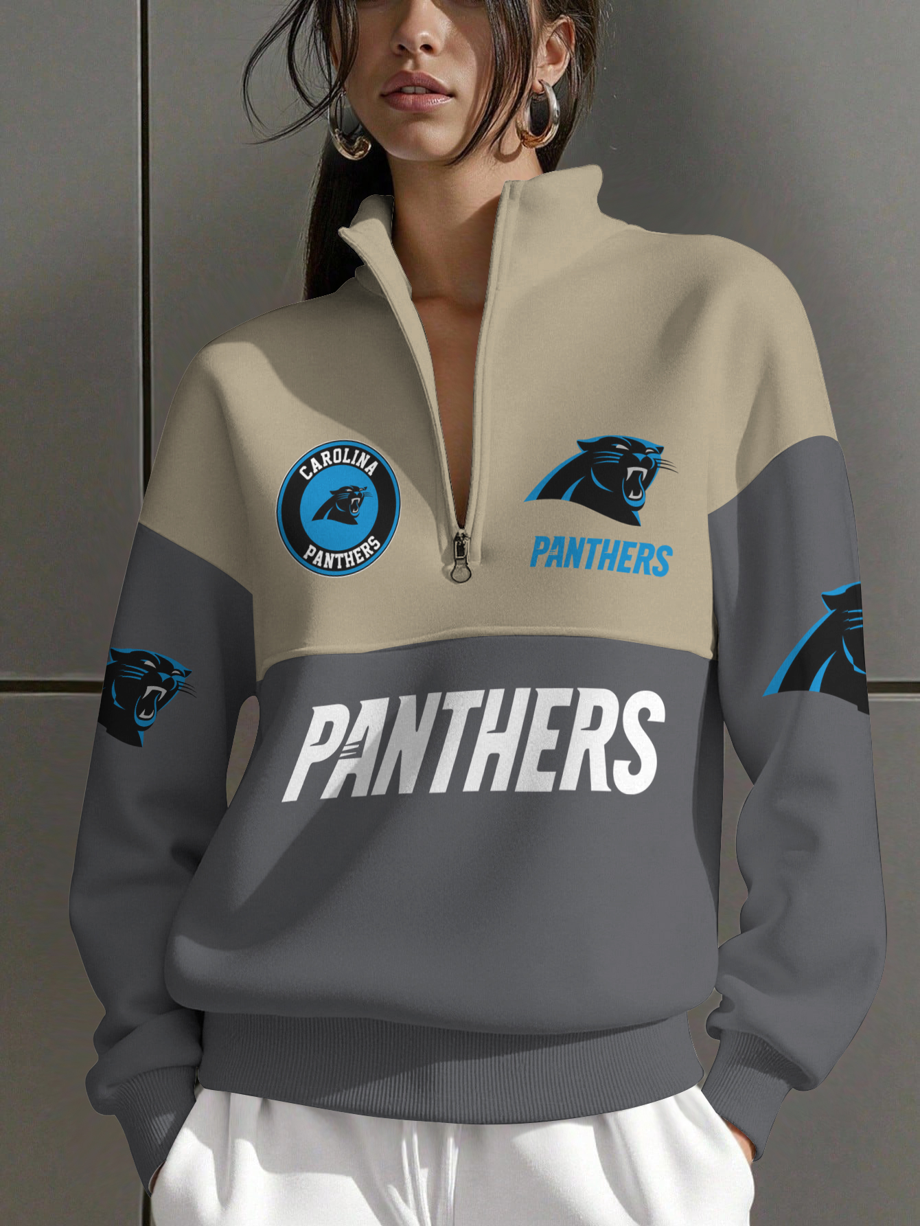 Carolina Panthers  Women Plain Color Zip Up Long Sleeve Sweatshirt