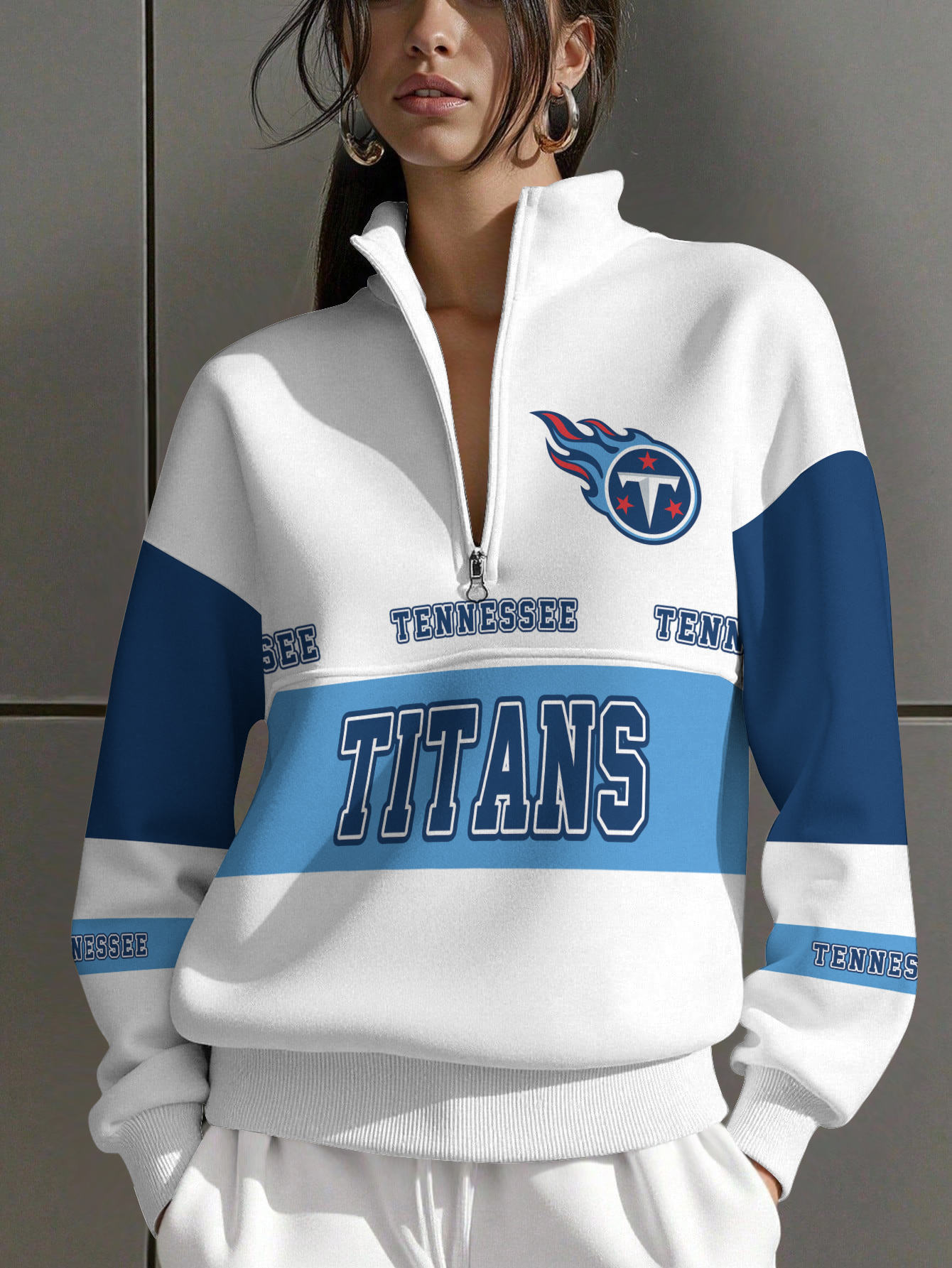 Tennessee Titans  Women Plain Color Zip Up Long Sleeve Sweatshirt