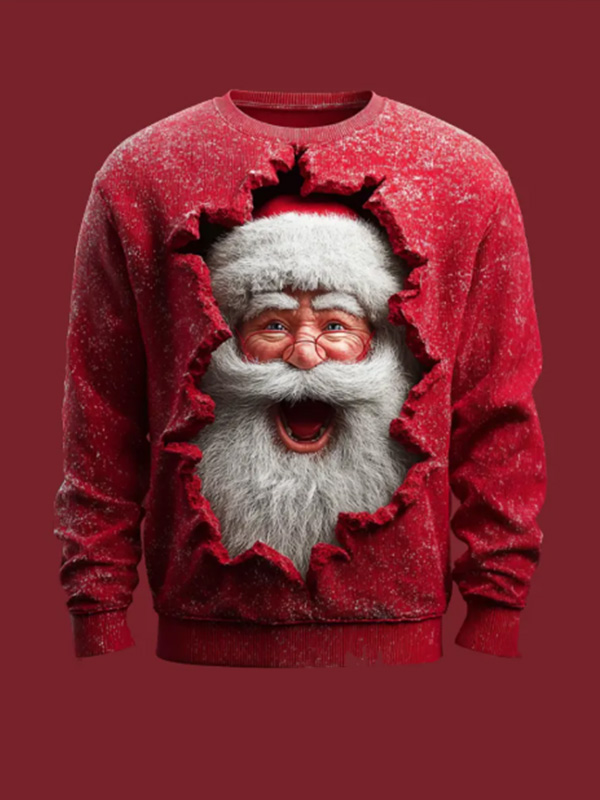 Men's Christmas 3D Ripped Santa Claus Print Casual Sweatshirt