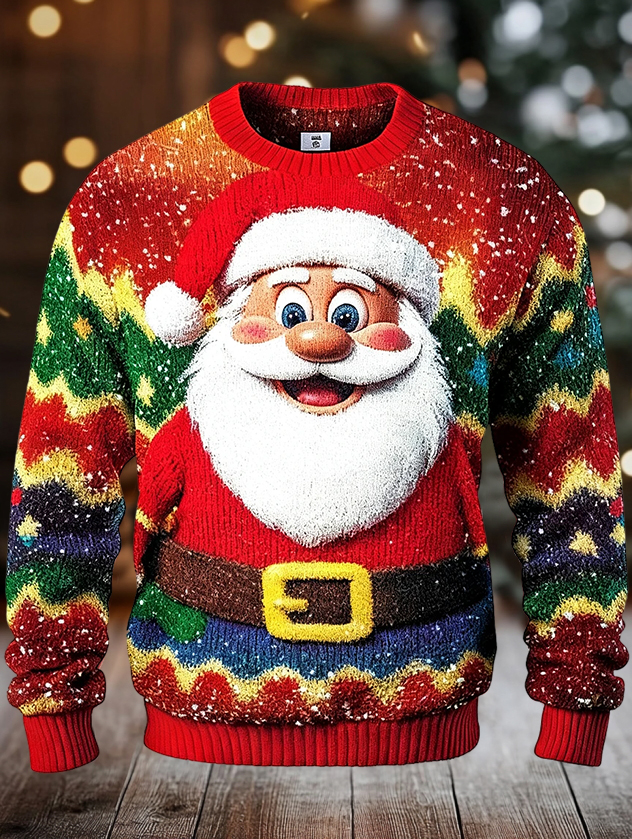 Men's Christmas Tree Santa Claus Cartoon Art Print Knit Sweatshirt