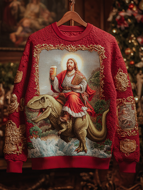 Men's Jesus Riding A Dinosaur And Drinking Beer Art Print Sweatshirt