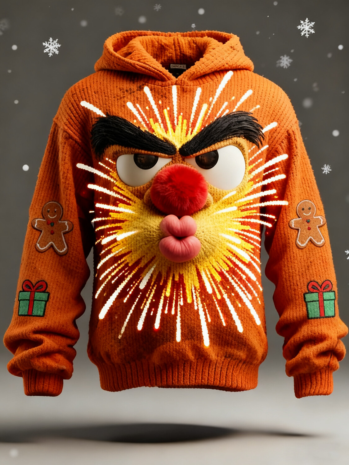 Men's Christmas Goofy Face Firework Gingerbread Man Print Knit Hoodie