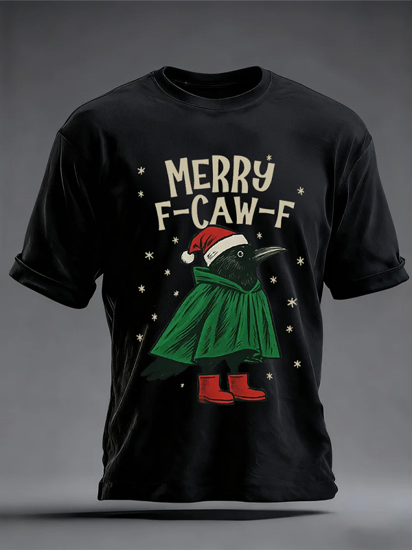 Men's MERRY F-CAW-F Crow in Santa Hat Print T-Shirt