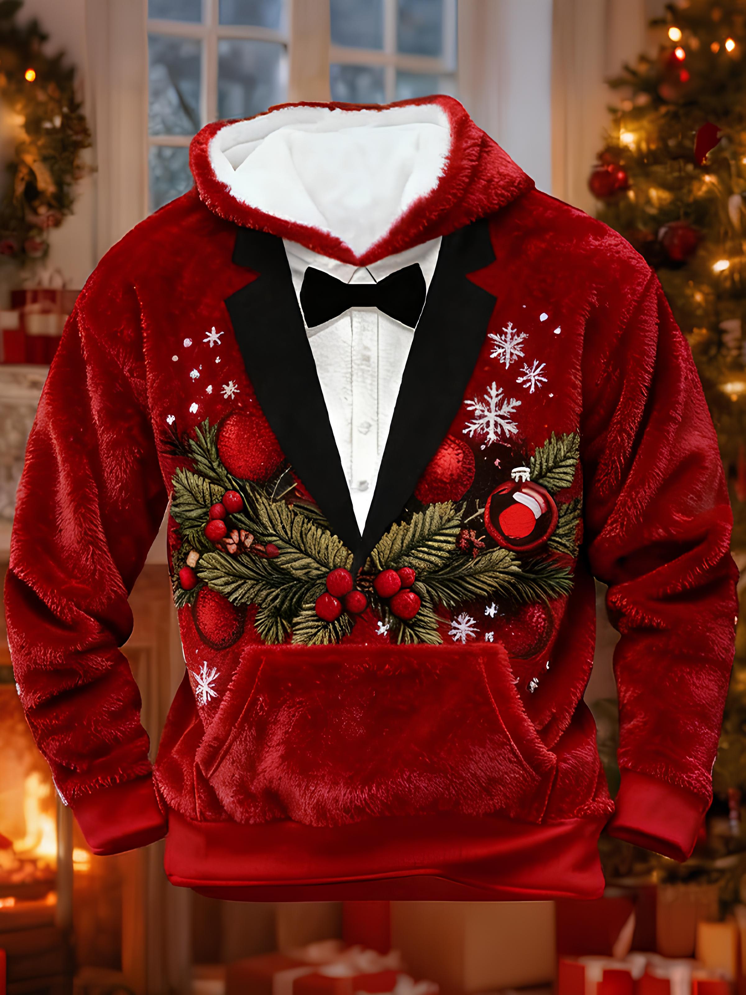 Men's Christmas Tuxedo And Bow Tie  Print Pocket Hoodie