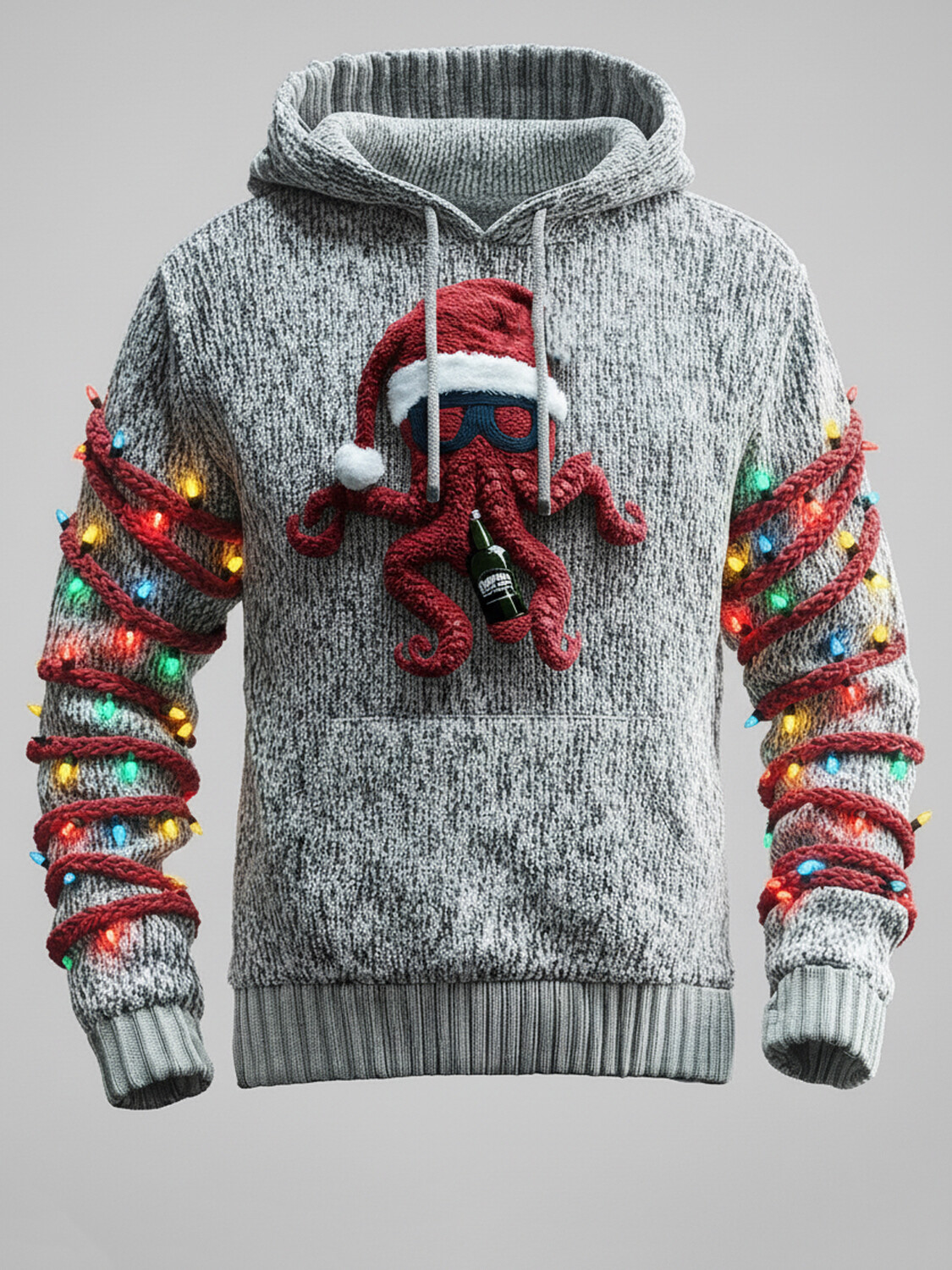 Men's 3D Octopus Drinks Beer LED String Lights Print Knit Hoodie