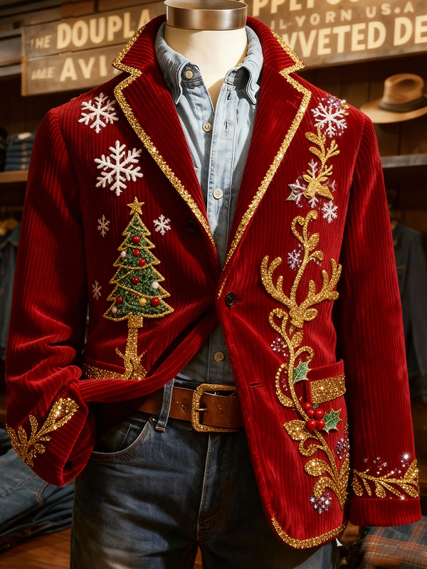 Men's Shiny Christmas Tree Christmas Elements Print Corduroy Blazer