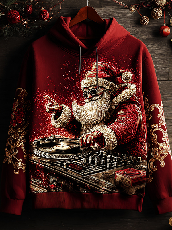 Men's Christmas Santa Claus DJ Hiphop Print Casual Hoodie