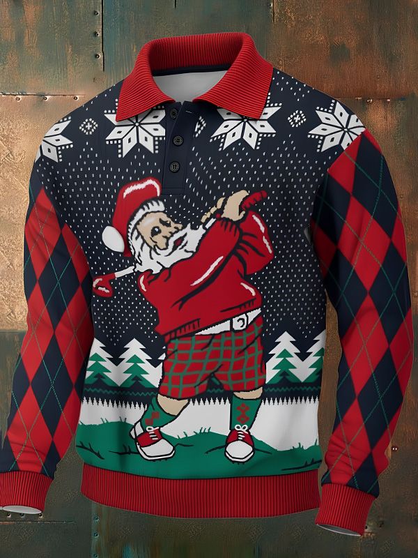 Men's Golf Santa Claus Snowflake Argyle Print Knit Polo Sweatshirt
