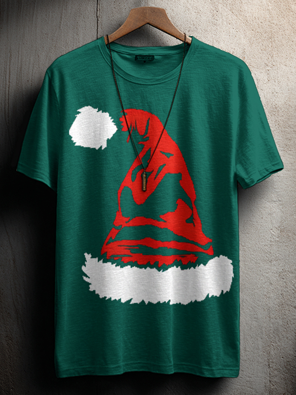 Men's Mysterious Santa Hat Print Cotton Casual T-Shirt