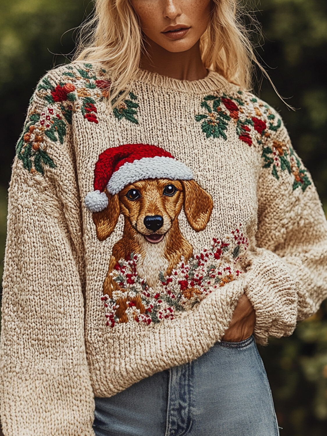 Women's Christmas Dachshund With Santa Hat And Flowers Print Knit Sweatshirt