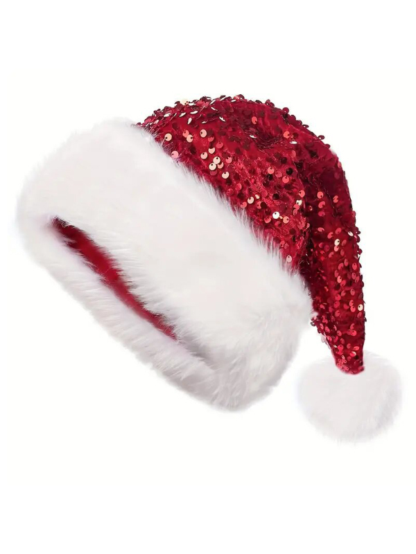 Christmas Sequin Faux Fur Trim Pom-Pom Santa Hat