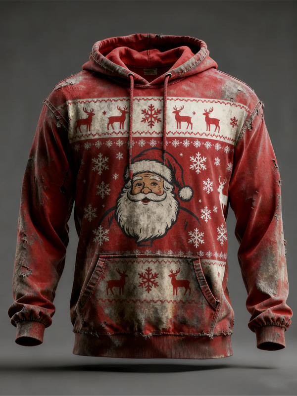 Men's Christmas Reindeer Snowflakes Santa Claus Distress Art Print Hoodie