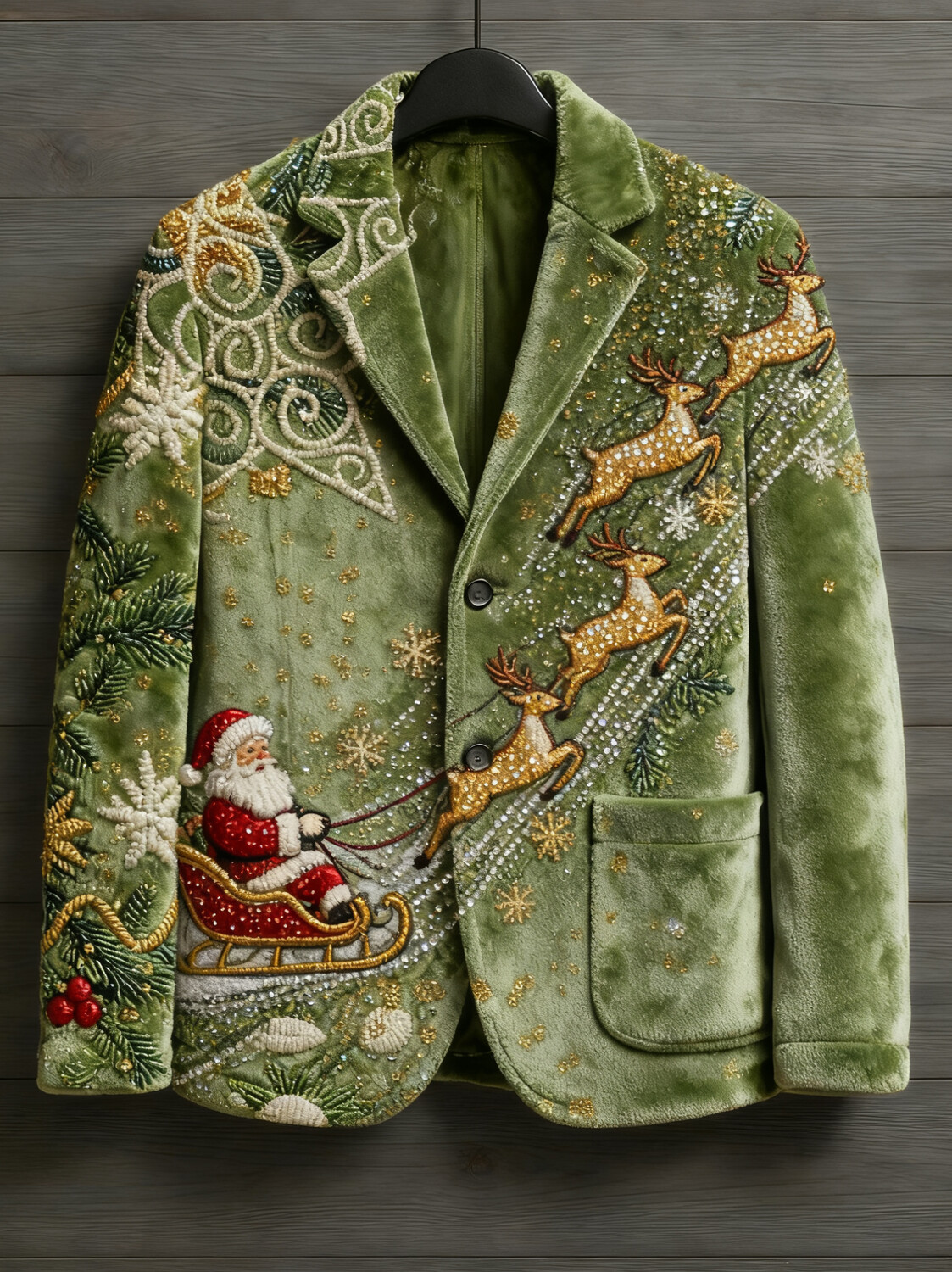 Men's Sparkly Snowflake Santa Claus Reindeer Print Christmas Corduroy Blazer