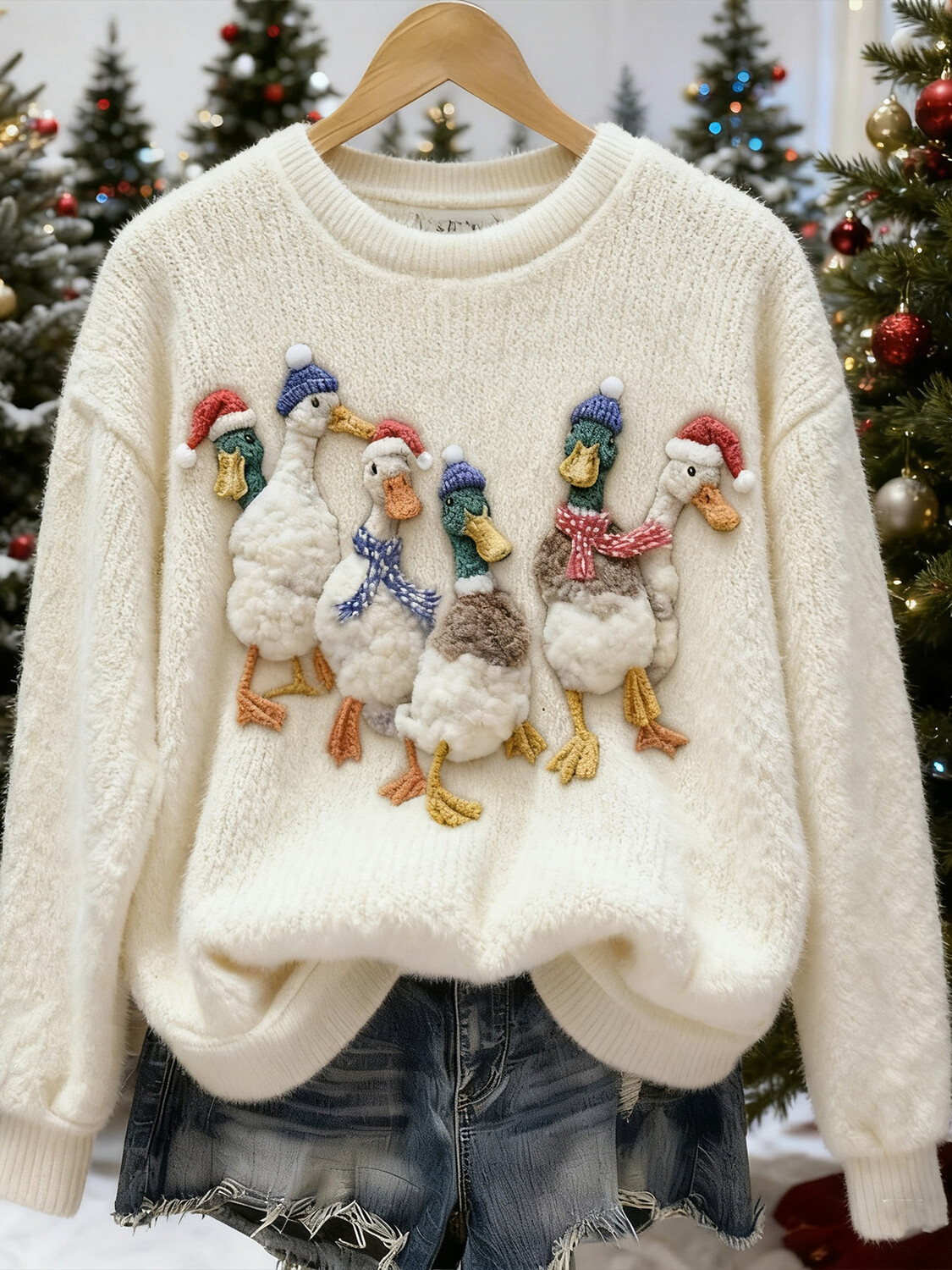 Women's Cute Christmas Ducks Embroidered Print Knit Sweatshirt