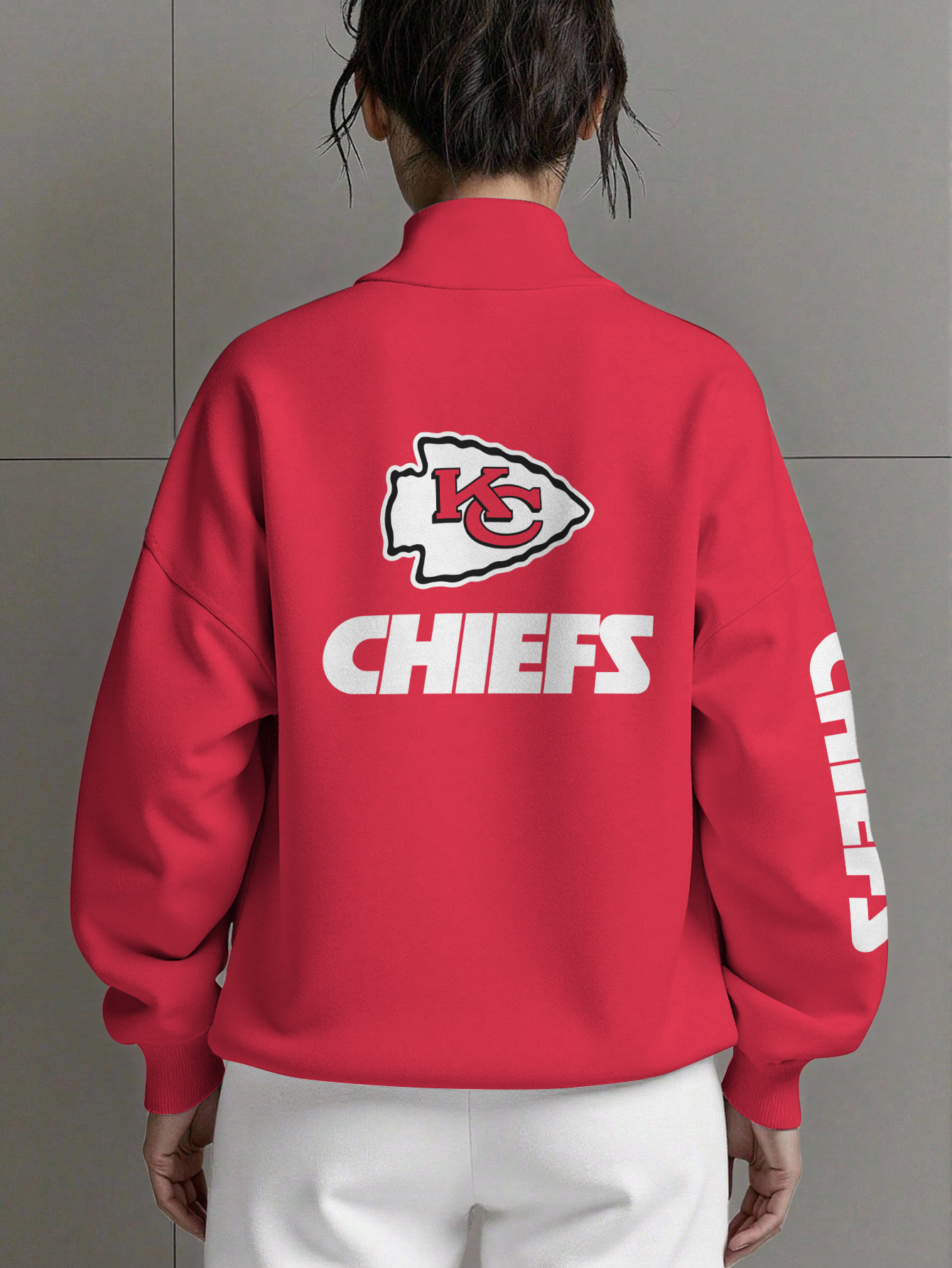 Kansas City Chiefs  Women Plain Color Zip Up Long Sleeve Sweatshirt