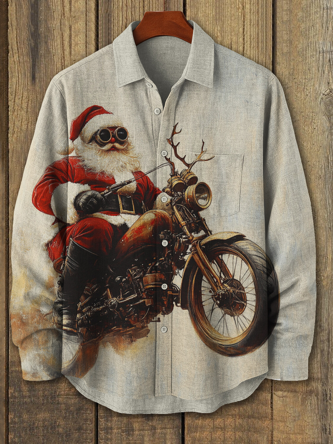 Men's Santa Claus Wears Goggles And A Steampunk Coat Print Long Sleeve Shirt