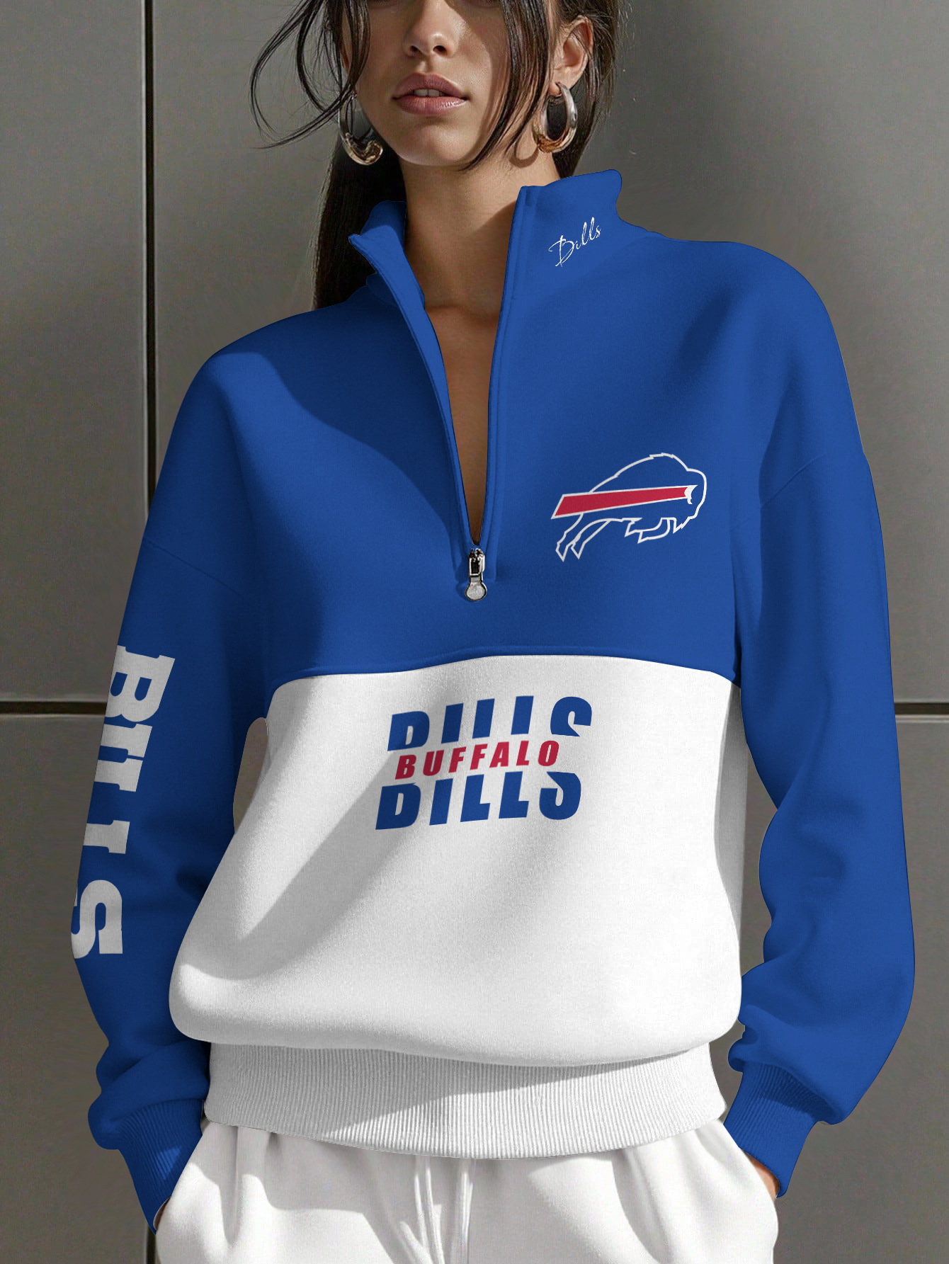 Buffalo Bills  Women Plain Color Zip Up Long Sleeve Sweatshirt