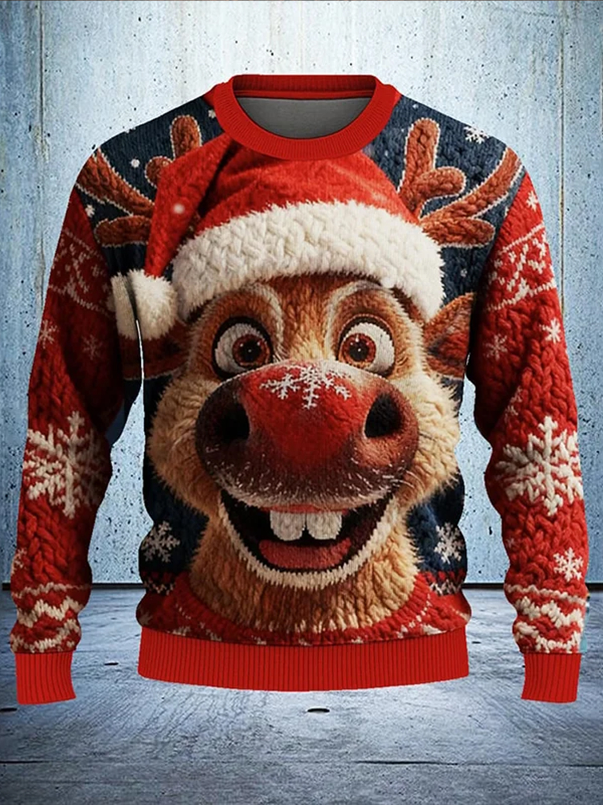 Men's Funny Reindeer Snowflakes Print Knit Sweatshirt