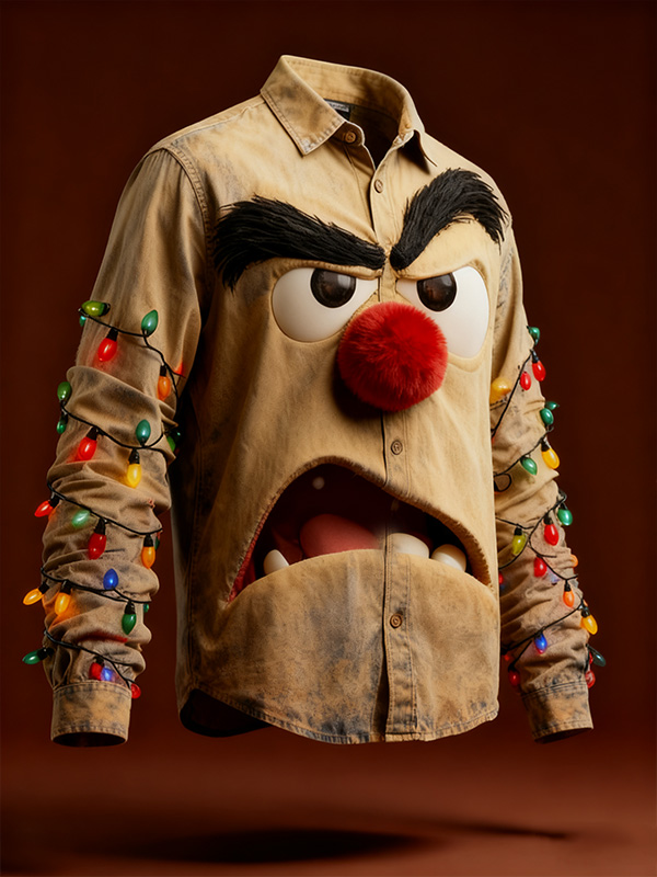 Men's 3D Grumpy Face Ugly Christmas And LED String Lights Art Print Long Sleeve Shirt