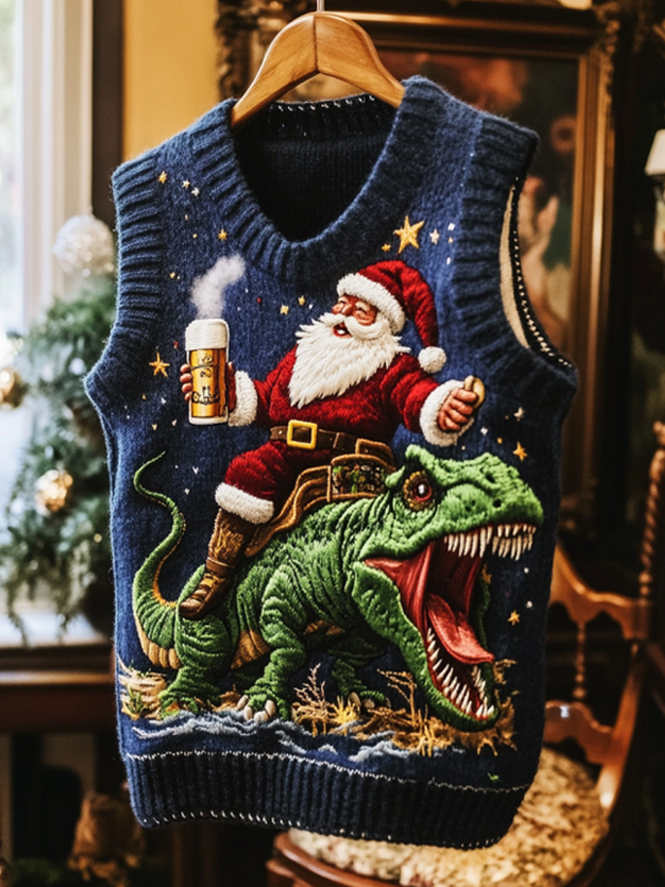 Men's Santa Claus Drinking Beer And Dinosaur Print V Neck Knit Vest