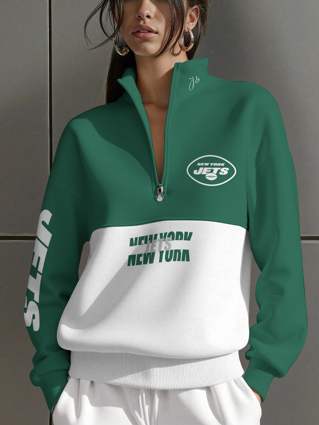 New York Jets  Women Plain Color Zip Up Long Sleeve Sweatshirt