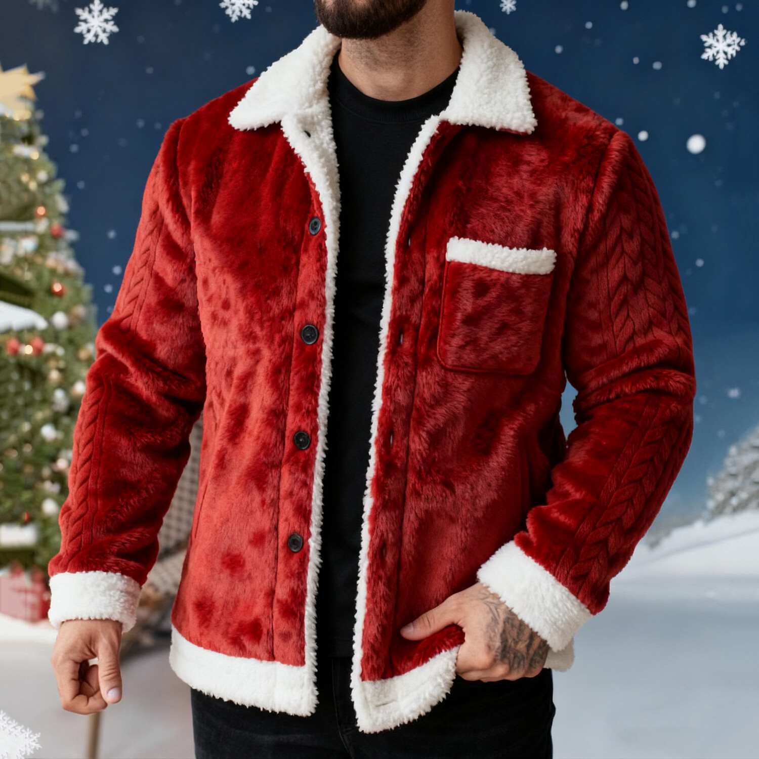 Men's Christmas Embossed Cable Pattern Flannel Long Sleeve Shirt